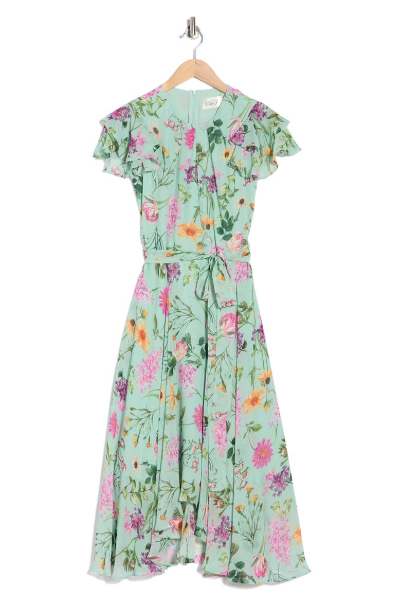 Floral Short Sleeve Chiffon High-Low Dress, Alternate, color, SAGE