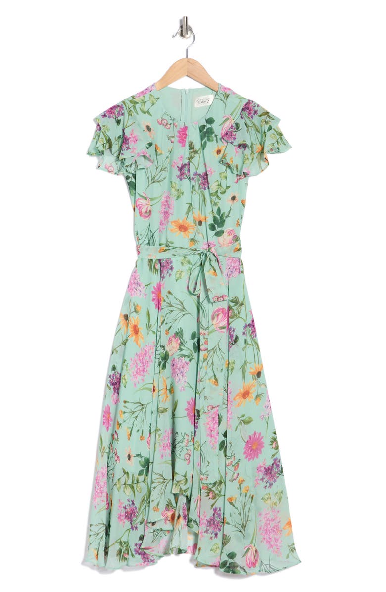 Eliza J Floral Short Sleeve Chiffon High-Low Dress, Alternate, color, Sage