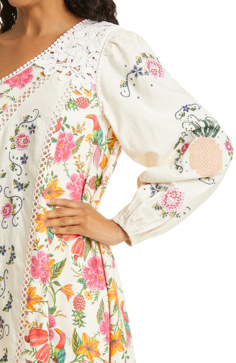 FARM Rio Toucan's Garden Floral Embroidery One-Shoulder Linen Blend Dress, Alternate, color, 