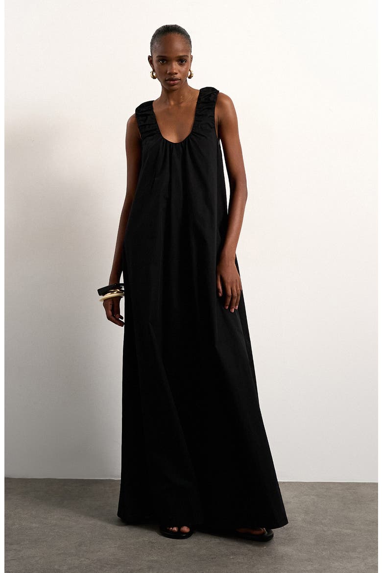 Ruched Cotton Poplin Maxi Dress, Main, color, BLACK