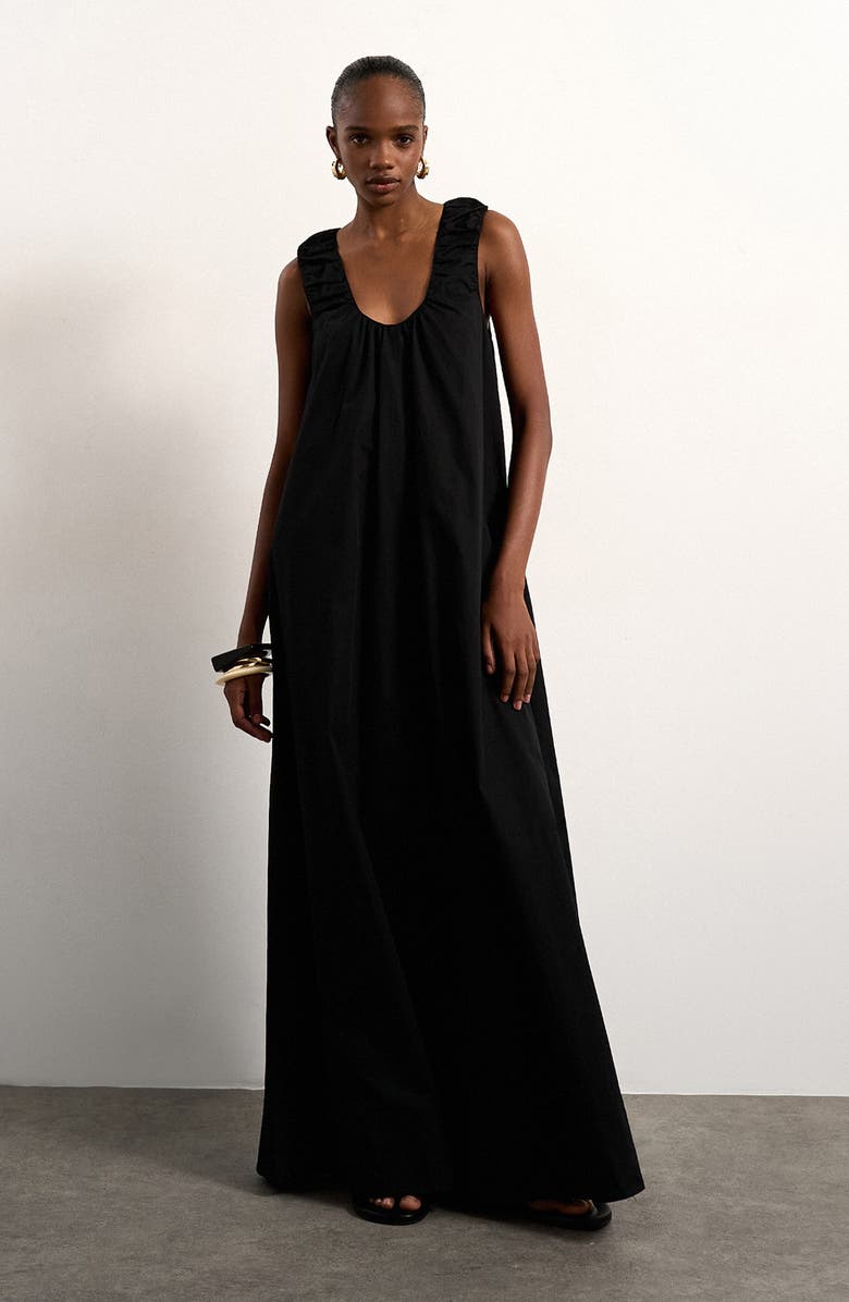 Topshop Ruched Cotton Poplin Maxi Dress, Main, color, Black