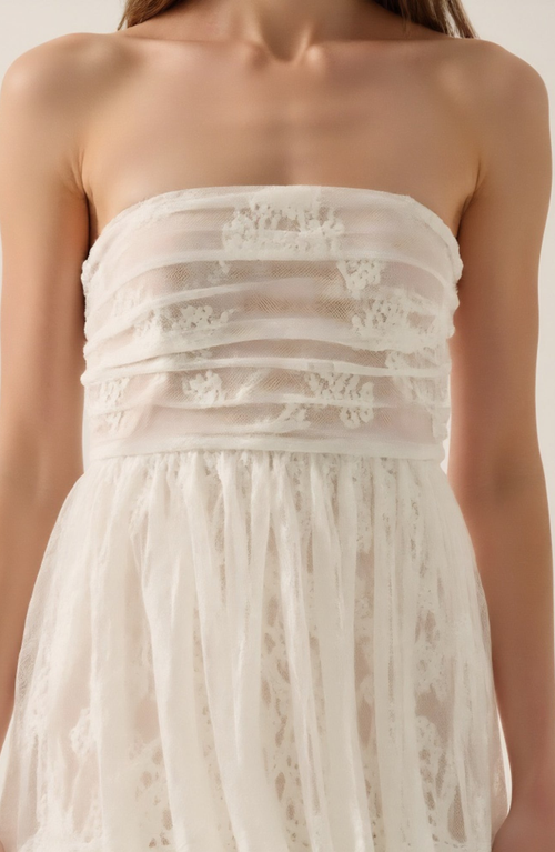 Modenaire Strapless High-low Dress With Sheer Bodice And Tiered Skirt In Brown