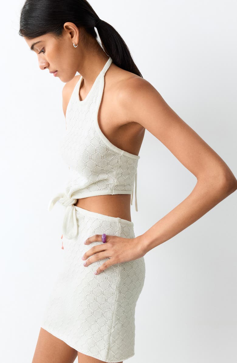 MANGO TEEN Knit Front Knot Cutout Halter Neck Minidress, Alternate, color, Off White