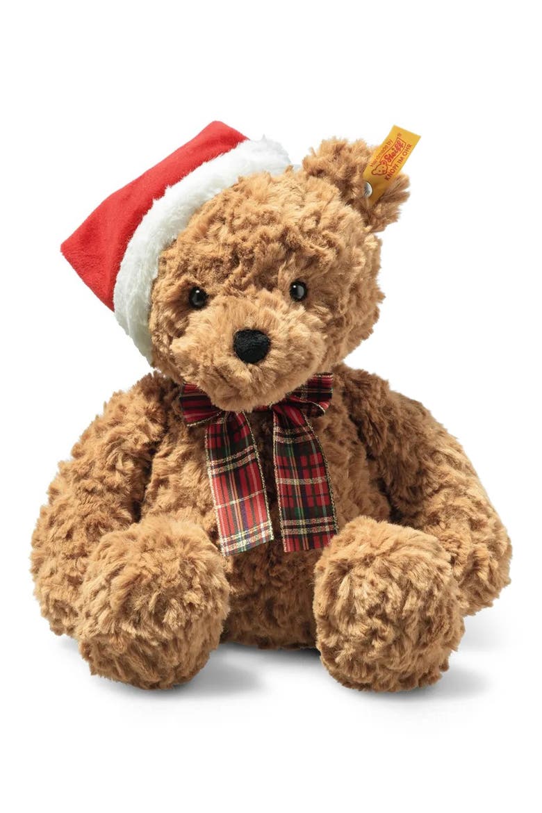 Jimmy Christmas Teddy Bear with Santa Hat and Bow, Main, color, BROWN