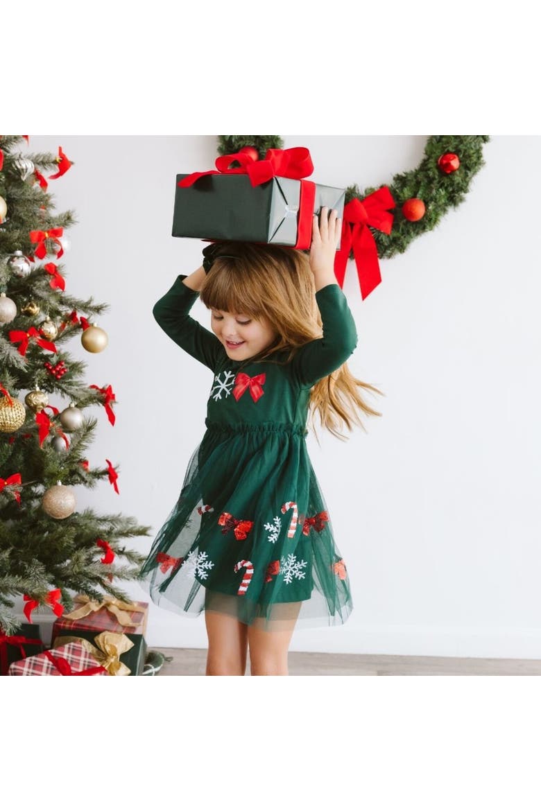 Emerald Candy Cane Sequin Christmas Long Sleeve Tutu Dress, Alternate, color, Emerald Green
