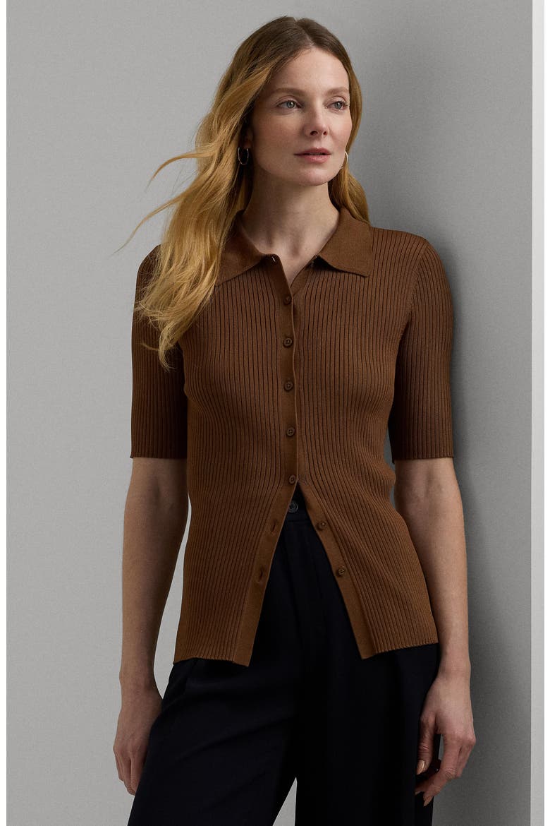 Rib Knit Elbow Sleeve Polo Cardigan, Alternate, color, DARK TERRACOTTA