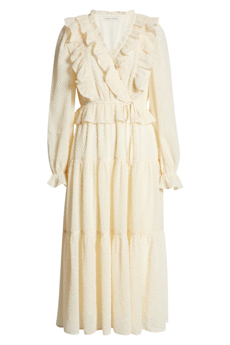Ruffle Clip Dot Long Sleeve Chiffon Midi Faux Wrap Dress, Alternate, color, CREAM
