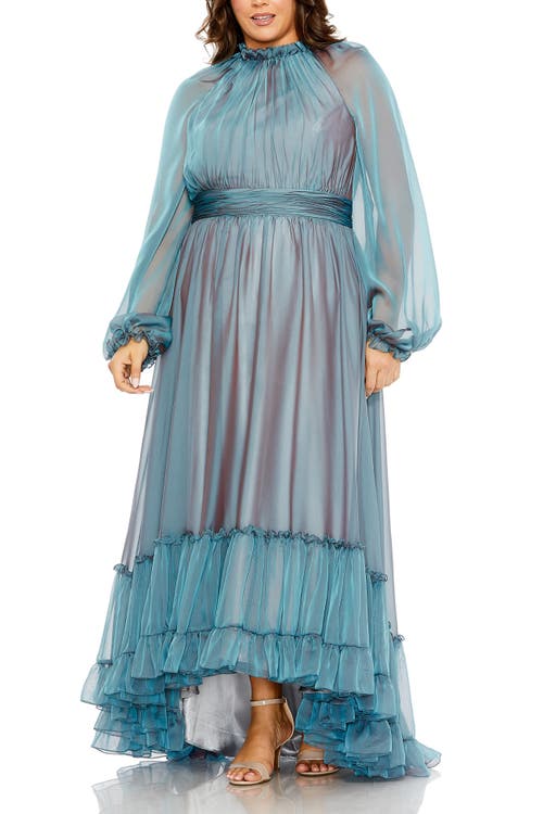 Mac Duggal Puff Sleeve With Embellished Cuff V Neck A Line Gown In French Blue