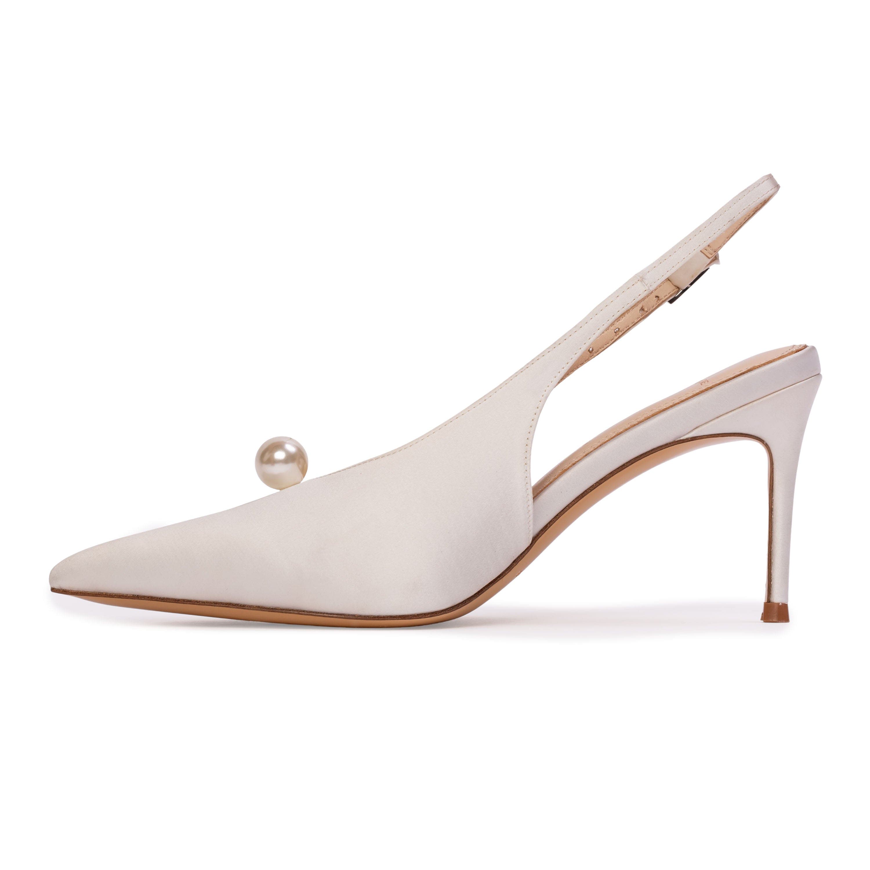 BLACK SUEDE STUDIO Reina 80 Satin Pump, Alternate, color, White Satin/Pearl Ornament