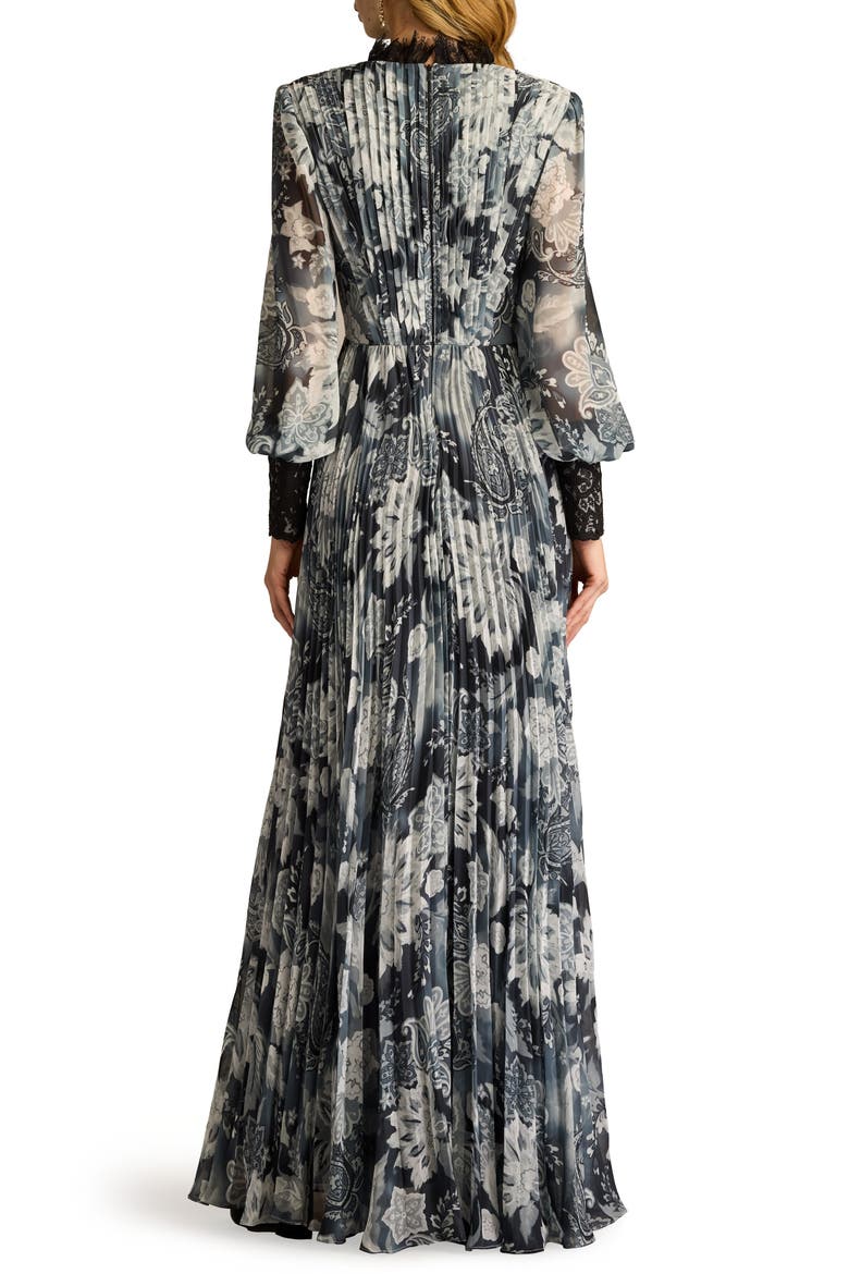 Paisley Floral Lace Detail Long Sleeve Pleated Georgette Gown, Alternate, color, IVORY/ BLACK