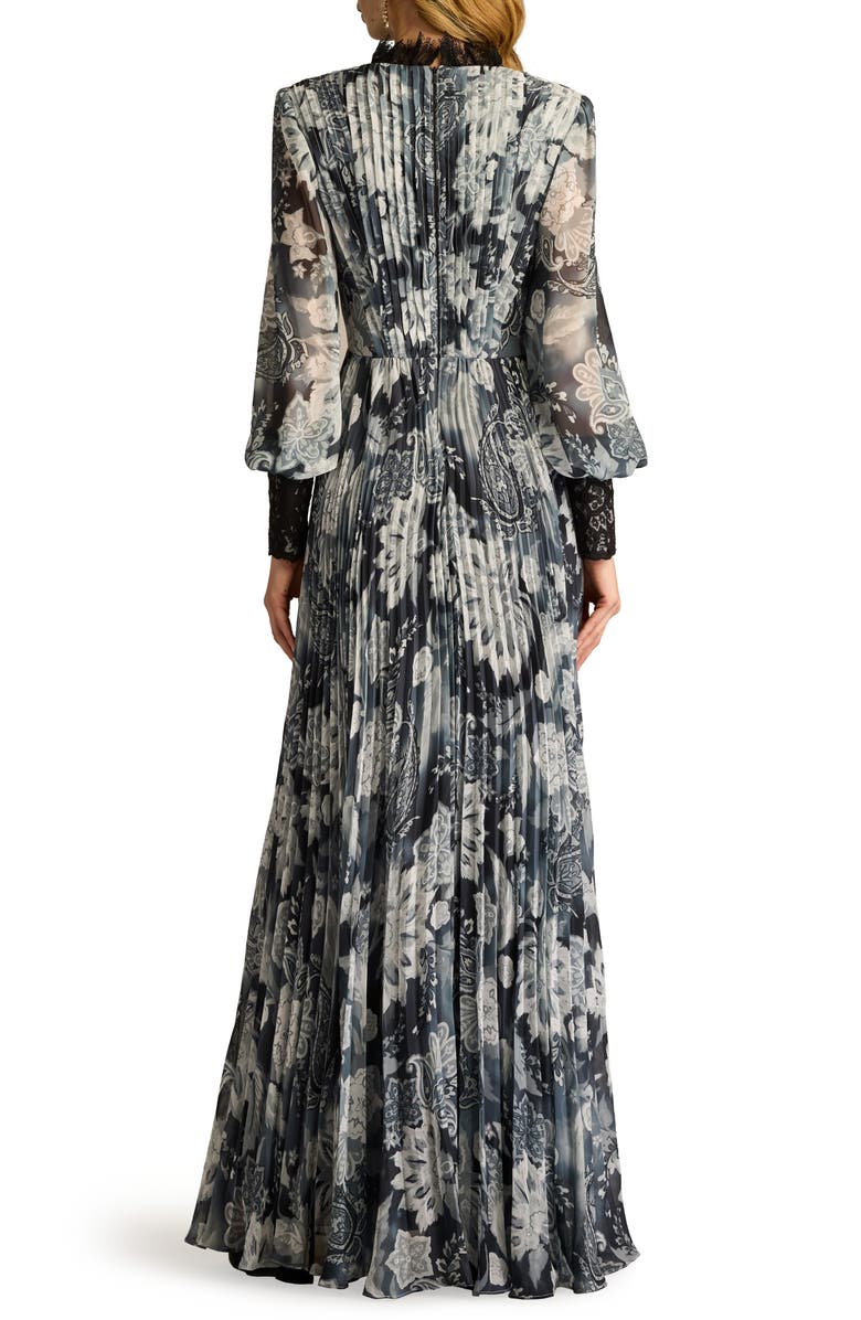 Tadashi Shoji Paisley Floral Lace Detail Long Sleeve Pleated Georgette Gown, Alternate, color,