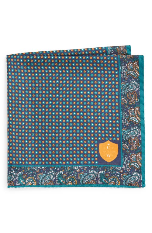 CLIFTON WILSON Paisley Silk Pocket Square in Turquoise 