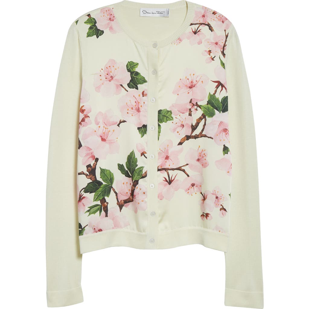 Oscar De La Renta Cherry Blossom Silk Insert Crewneck Cardigan