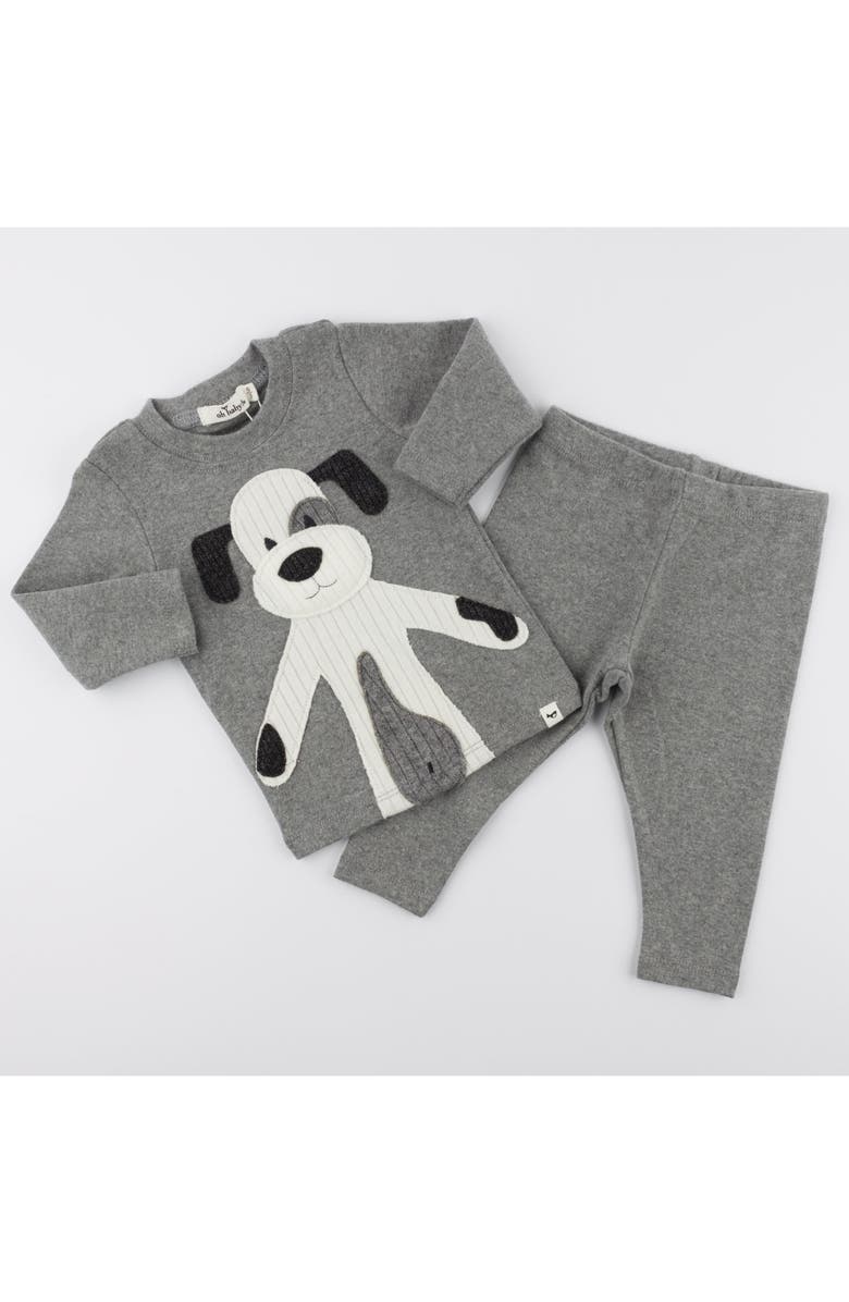 oh baby! Large Cream Puppy Applique Long Sleeve Two Piece Set, Alternate, color, Coal