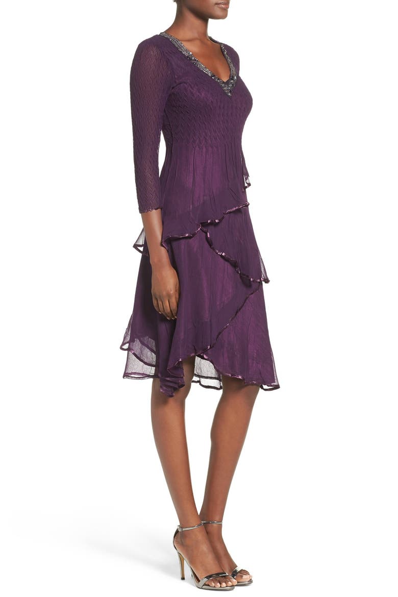 Embellished Tiered Chiffon A-Line Dress, Alternate, color, AUBERGINE