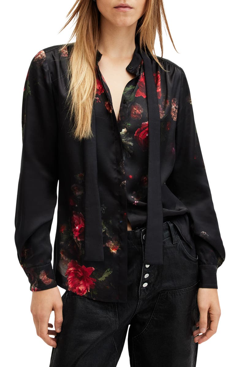 AllSaints Toni Floral Print Tie Neck Shirt, Main, color, 