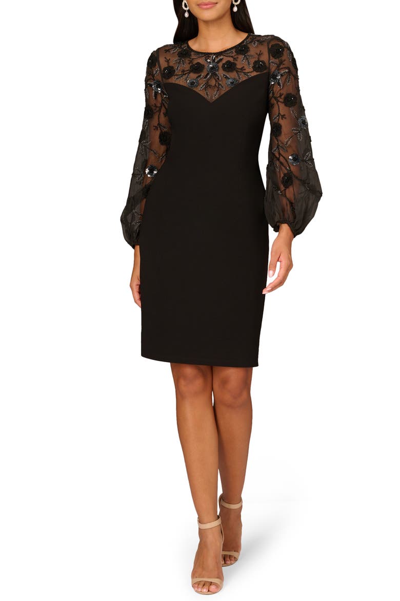 Sequin Floral Long Sleeve Cocktail Dress, Main, color, BLACK