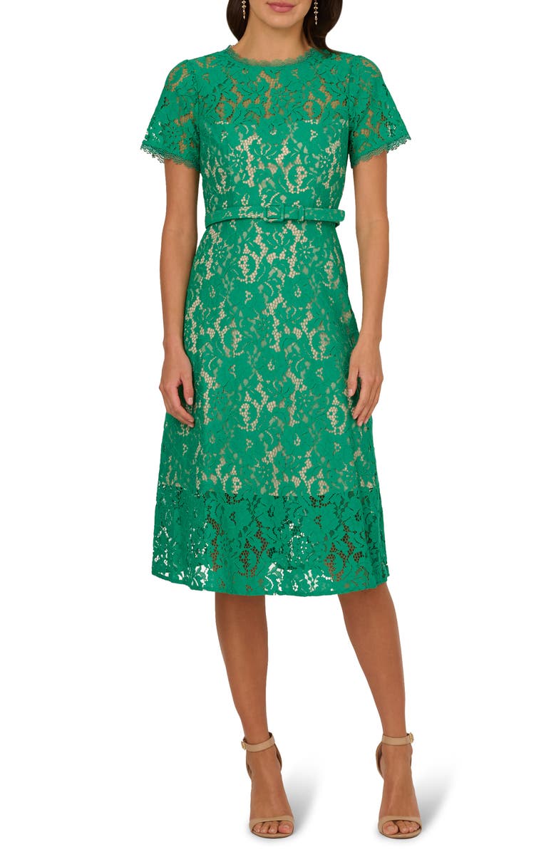 Adrianna Papell Short Sleeve Belted Lace Midi Dress, Main, color, 