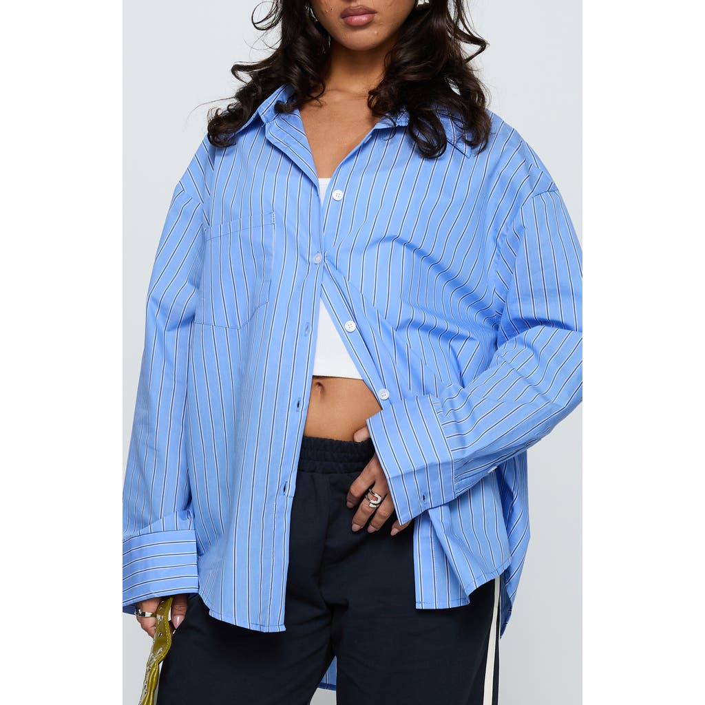 Princess Polly Kodhi Oversize Pinstripe Cotton Blend Button-up Shirt In Blue