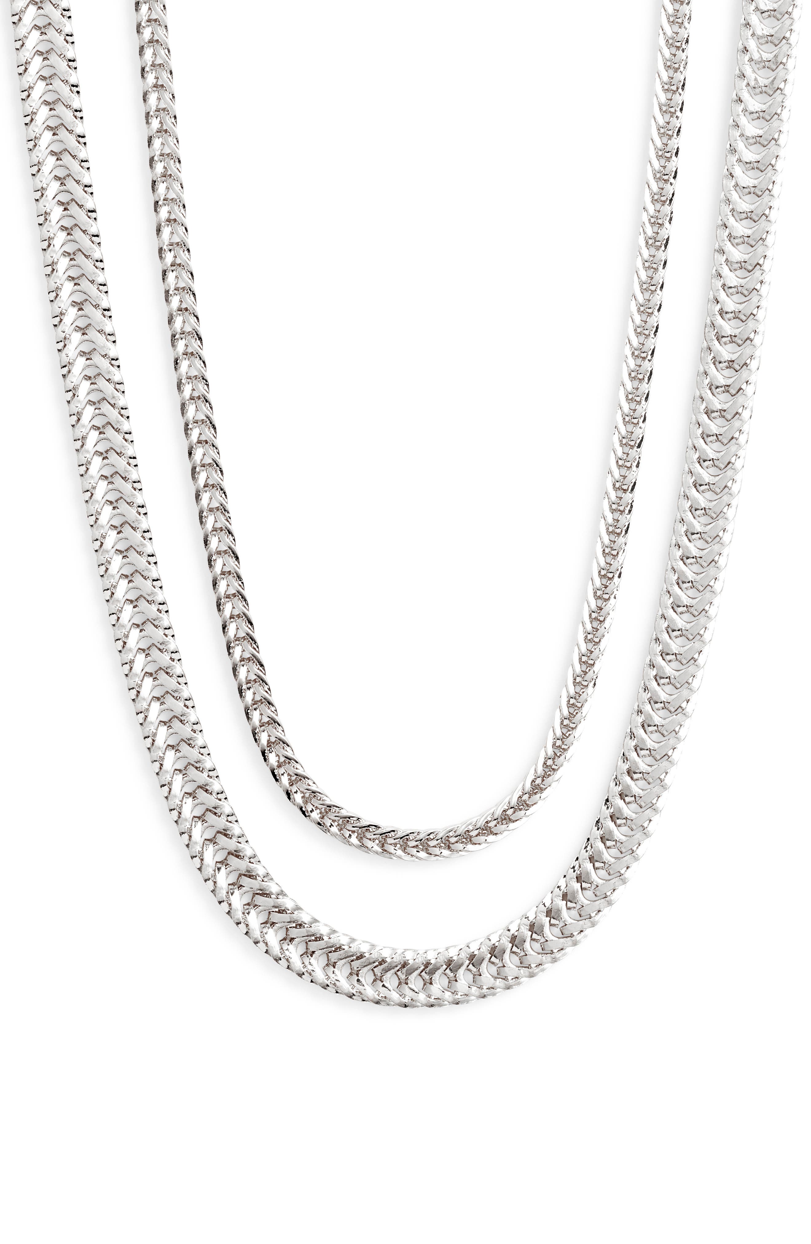 Open Edit Set of 2 Herringbone Chain Necklaces in Silver 