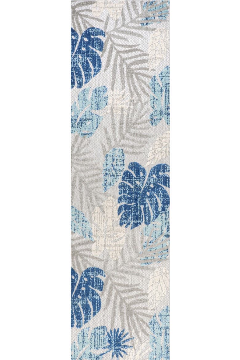 Monstera Tropical Leaf High-Low Indoor/Outdoor Rug, Alternate, color, Light Gray/Navy
