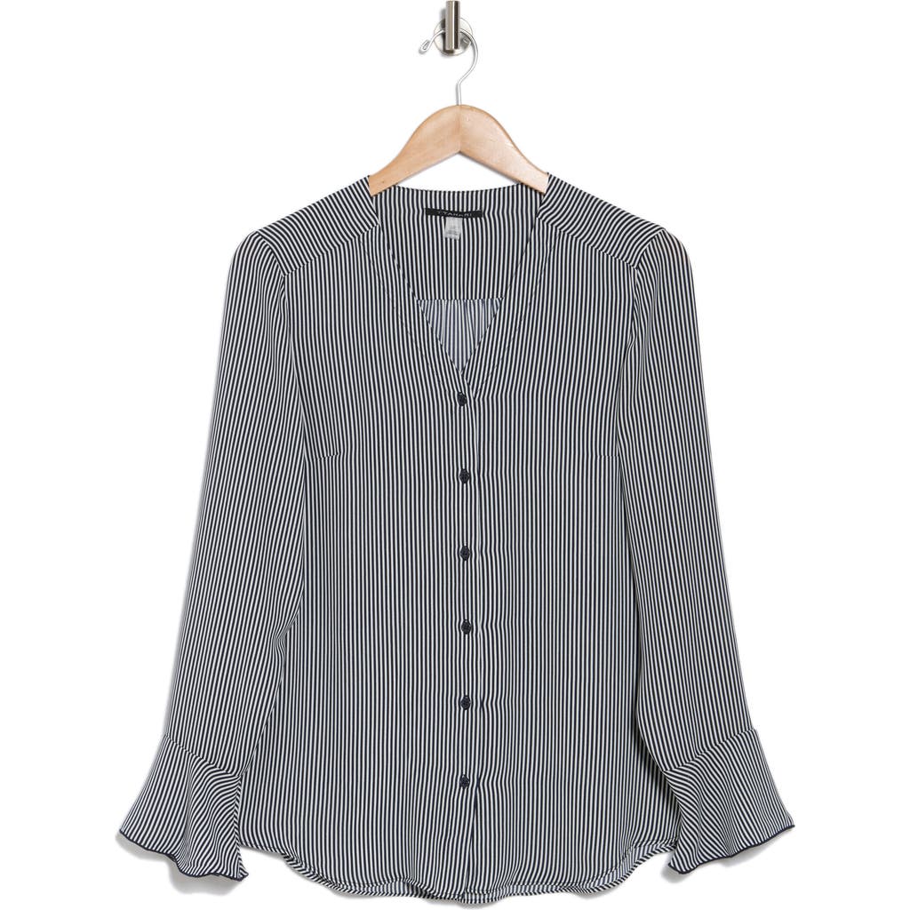 T Tahari Long Sleeve Button-up Top In Indigo/white Stripe