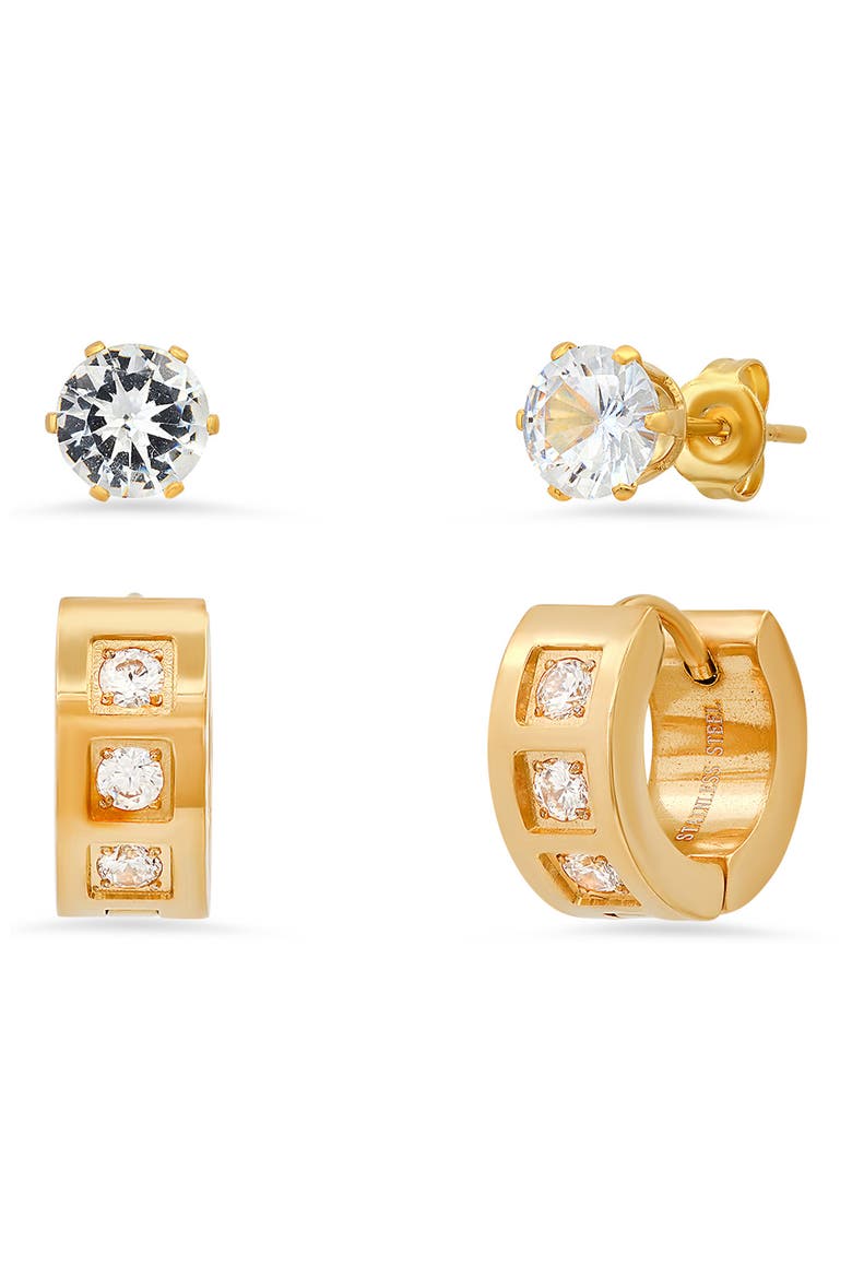 Set of 2 CZ Stud & Huggie Hoop Earrings, Main, color, YELLOW