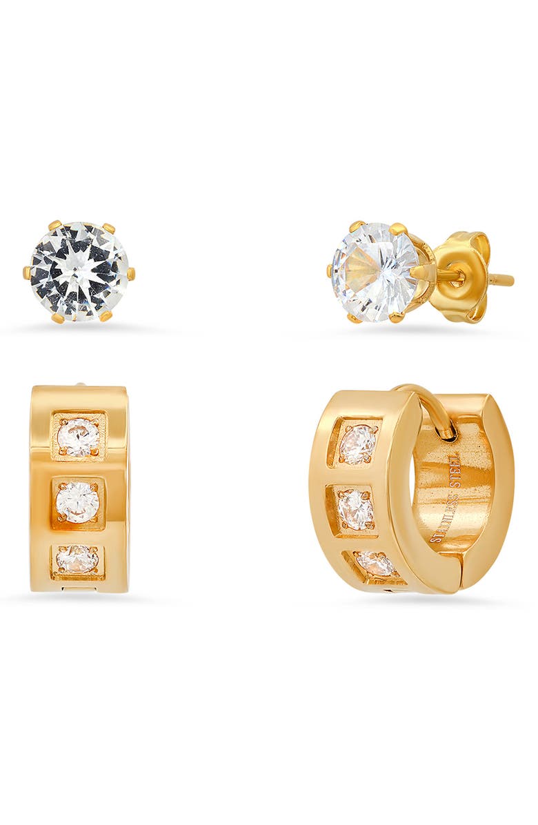 HMY JEWELRY Set of 2 CZ Stud & Huggie Hoop Earrings, Main, color, Yellow