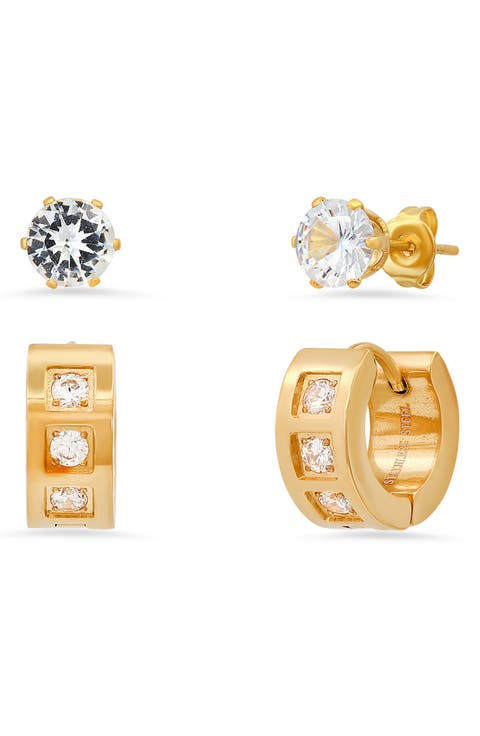 Set of 2 CZ Stud & Huggie Hoop Earrings