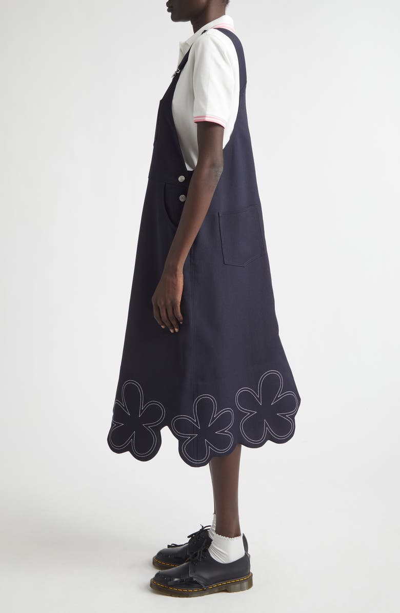 Comme des Garçons Girl Embroidered Daisy Hem Overalls Dress, Alternate, color, Navy