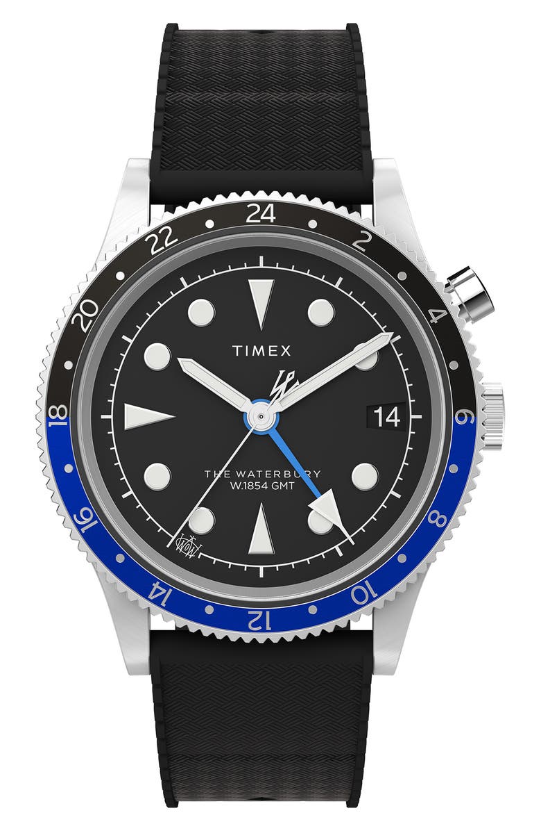 Timex<sup>®</sup> Waterbury Traditional GMT Rubber Strap Watch, 39mm, Main, color, Black