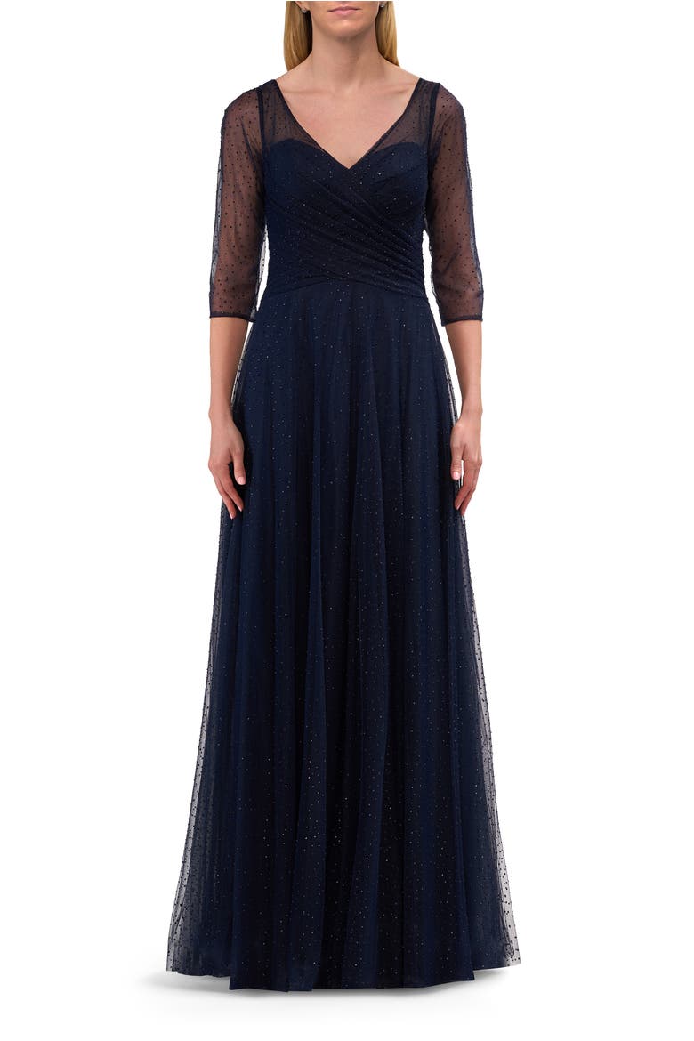 Rhinestone Tulle Gown with Full Skirt and Ruched Bodice, Main, color, Navy