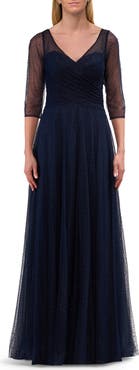La Femme Rhinestone Tulle Gown with Full Skirt and Ruched Bodice