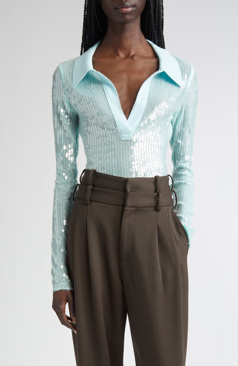 MONSE Sequin Long Sleeve Polo, Main, color, Sea Foam