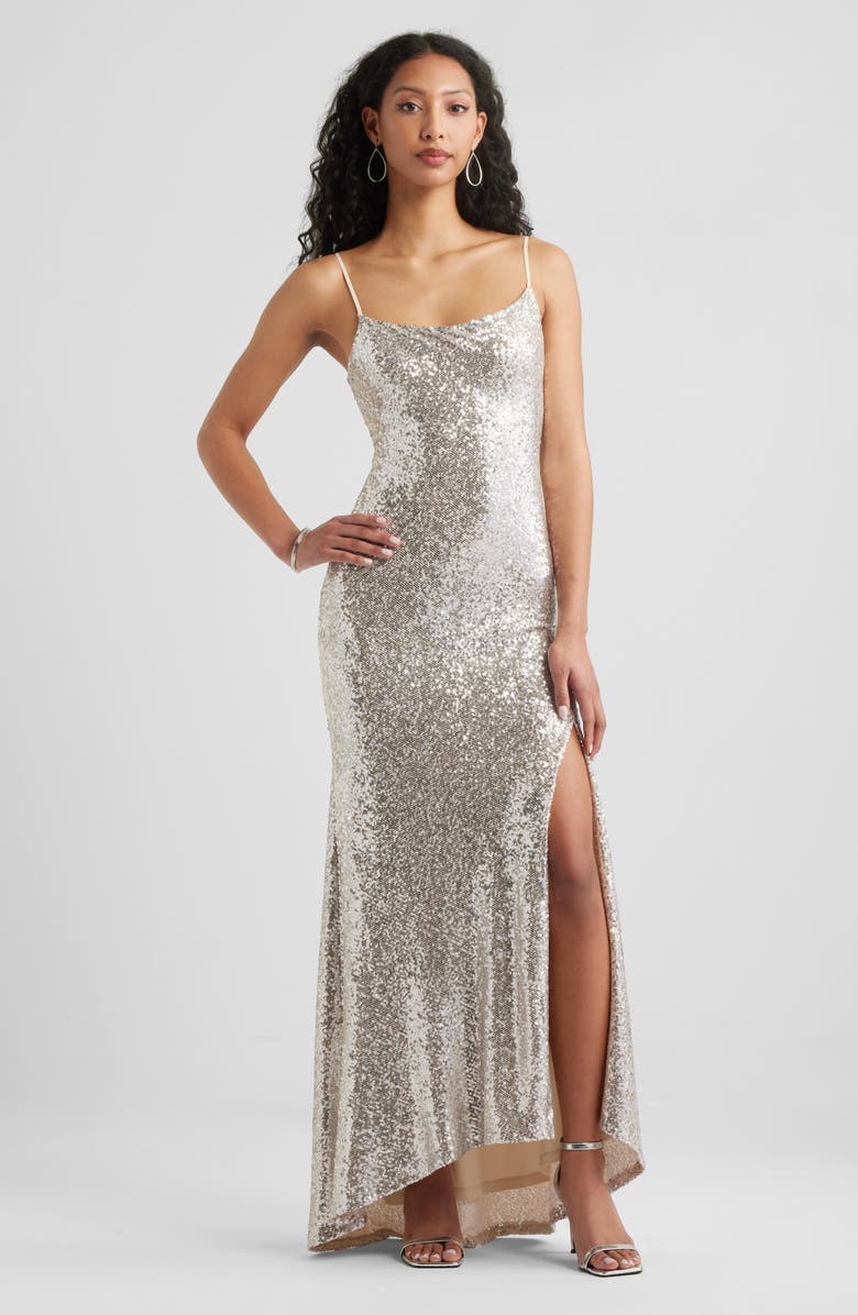 BP. Tie Back Sequin Gown, Main, color, Silver