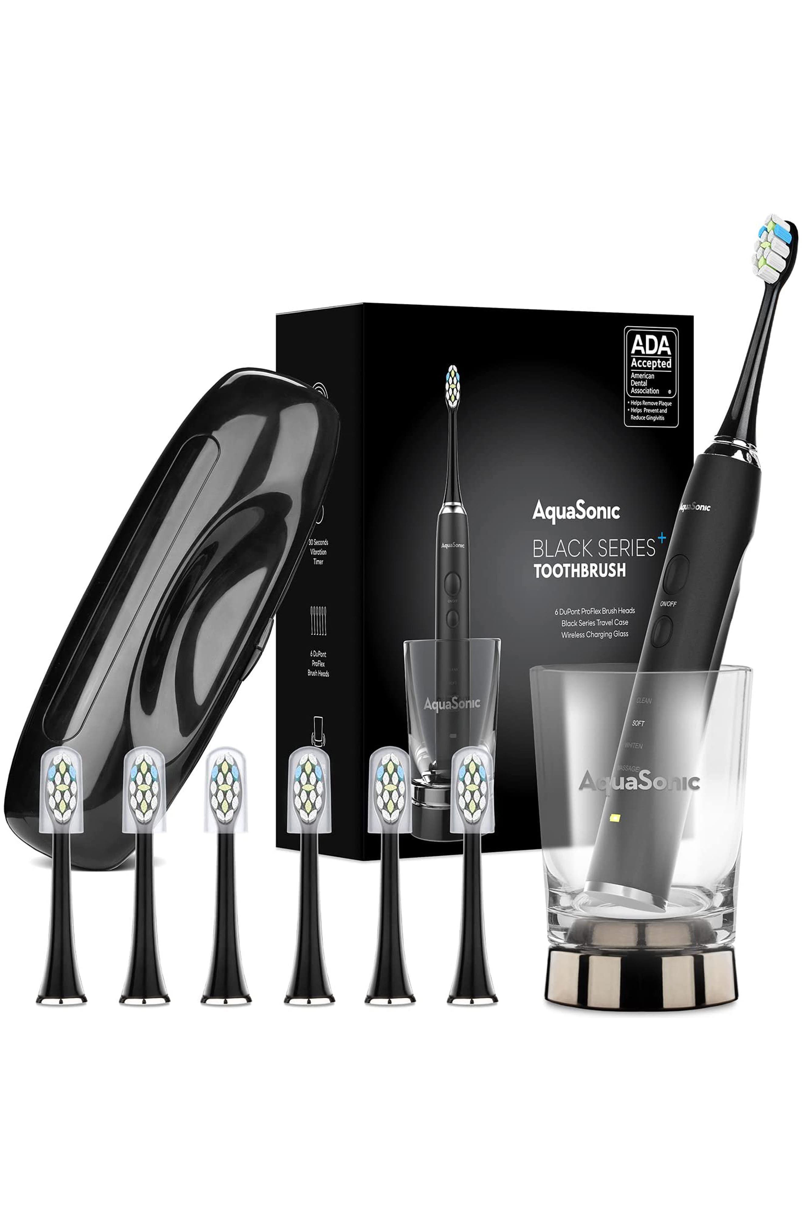 AQUASONIC Black Series+ - Ultra Whitening 40,000 VPM Rechargeable Electric Toothbrush - ADA Accepted - Wireless Charging Glass - 6 Proflex Brush Heads & Travel Case – 4 Modes & Smart Timer -Sonic