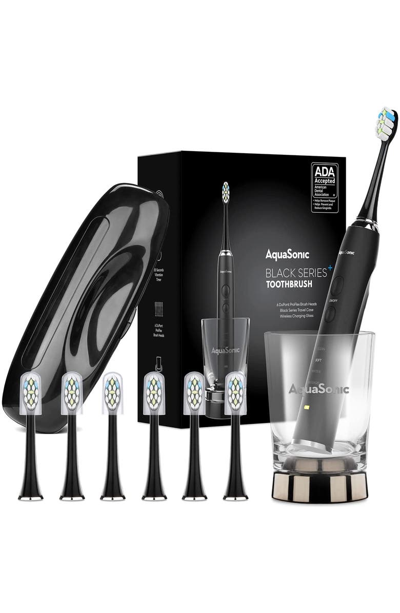 AQUASONIC Black Series+ - Ultra Whitening 40,000 VPM Rechargeable Electric Toothbrush - ADA Accepted - Wireless Charging Glass - 6 Proflex Brush Heads & Travel Case – 4 Modes & Smart Timer -Sonic, Main, color, 