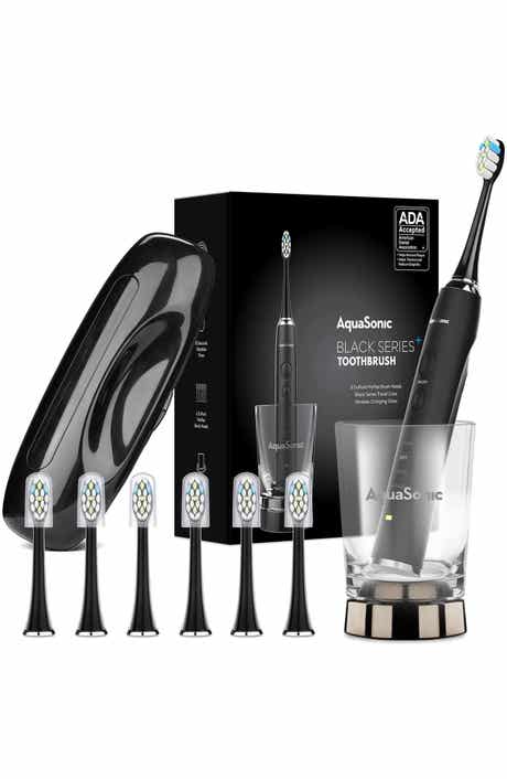 AQUASONIC Black Series+ - Ultra Whitening 40,000 VPM Rechargeable Electric Toothbrush - ADA Accepted - Wireless Charging Glass - 6 Proflex Brush Heads & Travel Case – 4 Modes & Smart Timer -Sonic