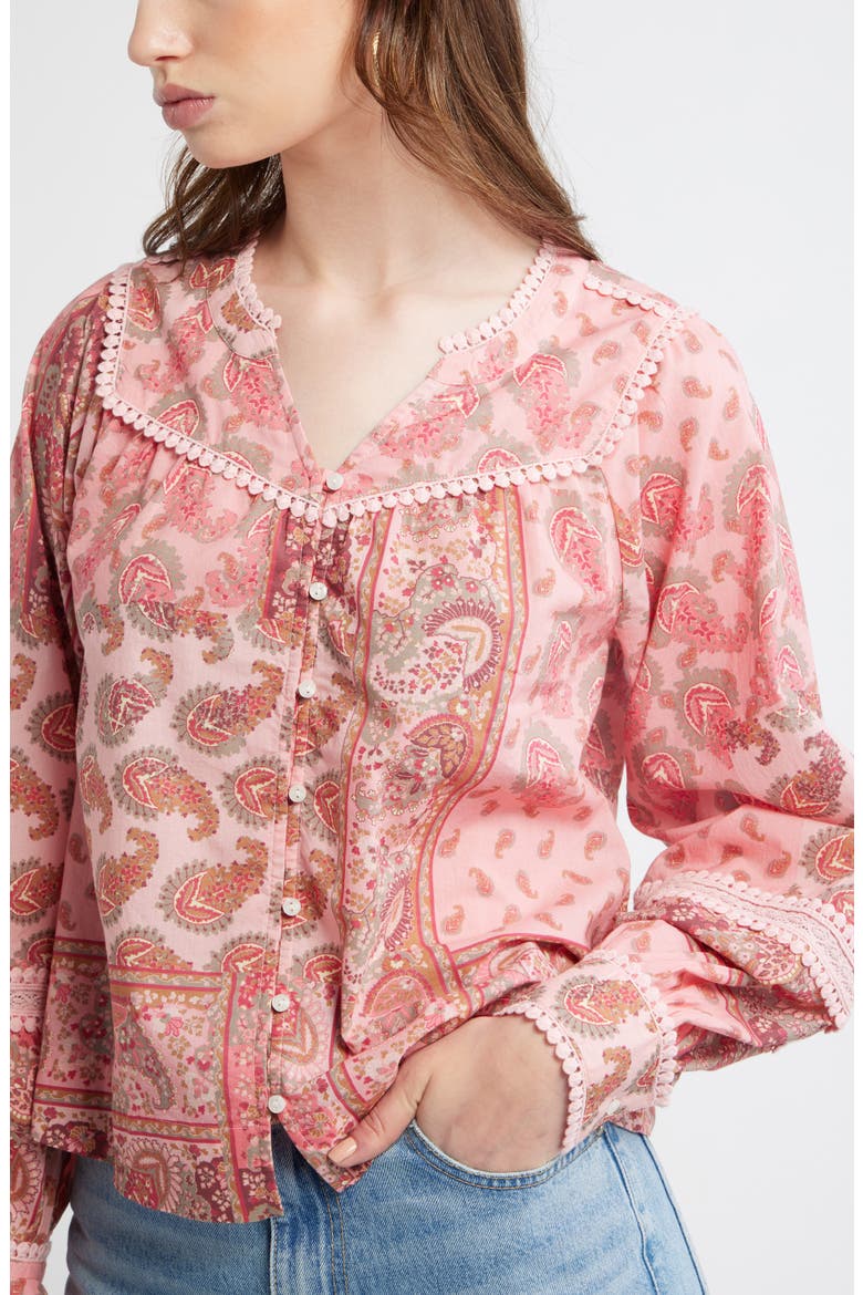 Lace Trim Button-Up Shirt, Alternate, color, PINK- OLIVE PATCHWORK PAISLEY