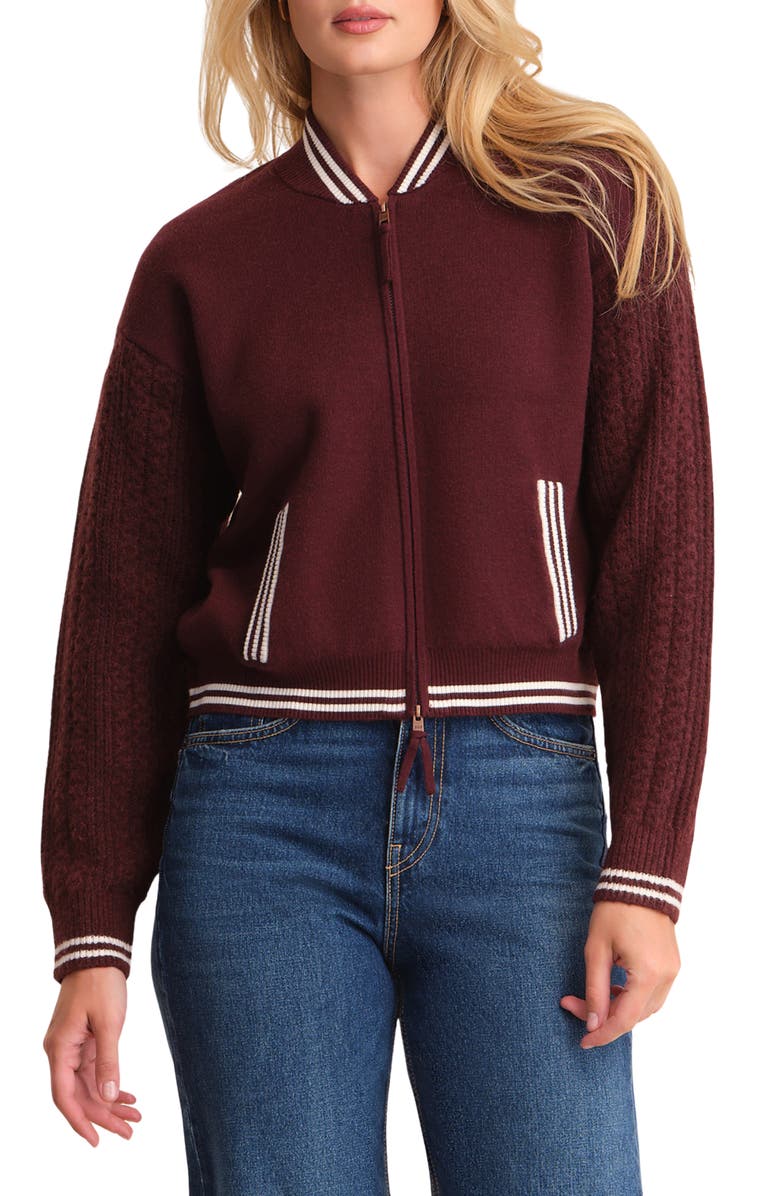 525 america Flynn Cable Sleeve Bomber Sweater Jacket, Main, color, Oxblood Multi