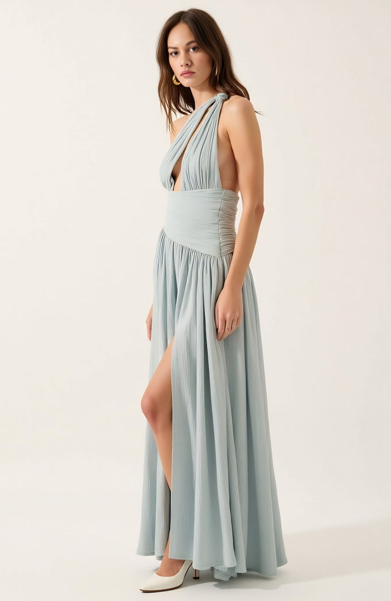Modenaire Pleated One-Shoulder Gown with Cutout Waist and Thigh Slit, Alternate, color, Light Blue