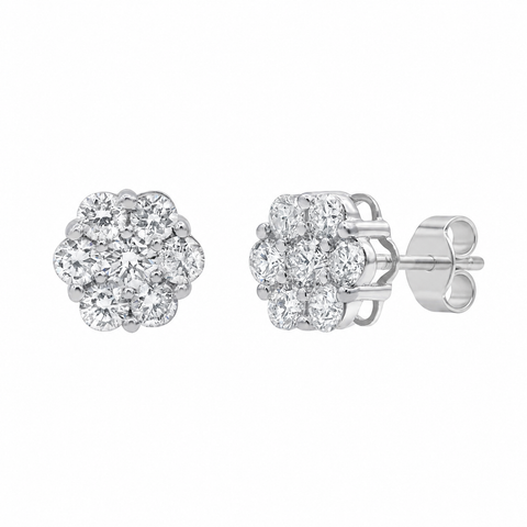 Glimmer 14K White Gold Flower Cluster Diamond Unisex Earrings - 0.76 Ct