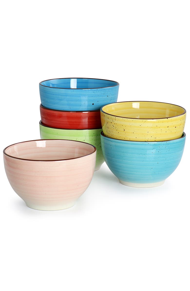 Elama Sebastian 18 Piece Double Bowl Stoneware Dinnerware Set, Alternate, color, Pink