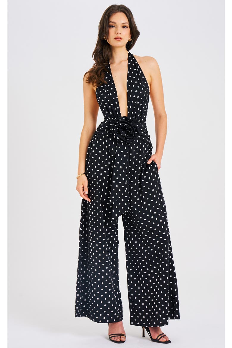 Orianaa Polka Dots Halter Jumpsuit, Main, color, Black