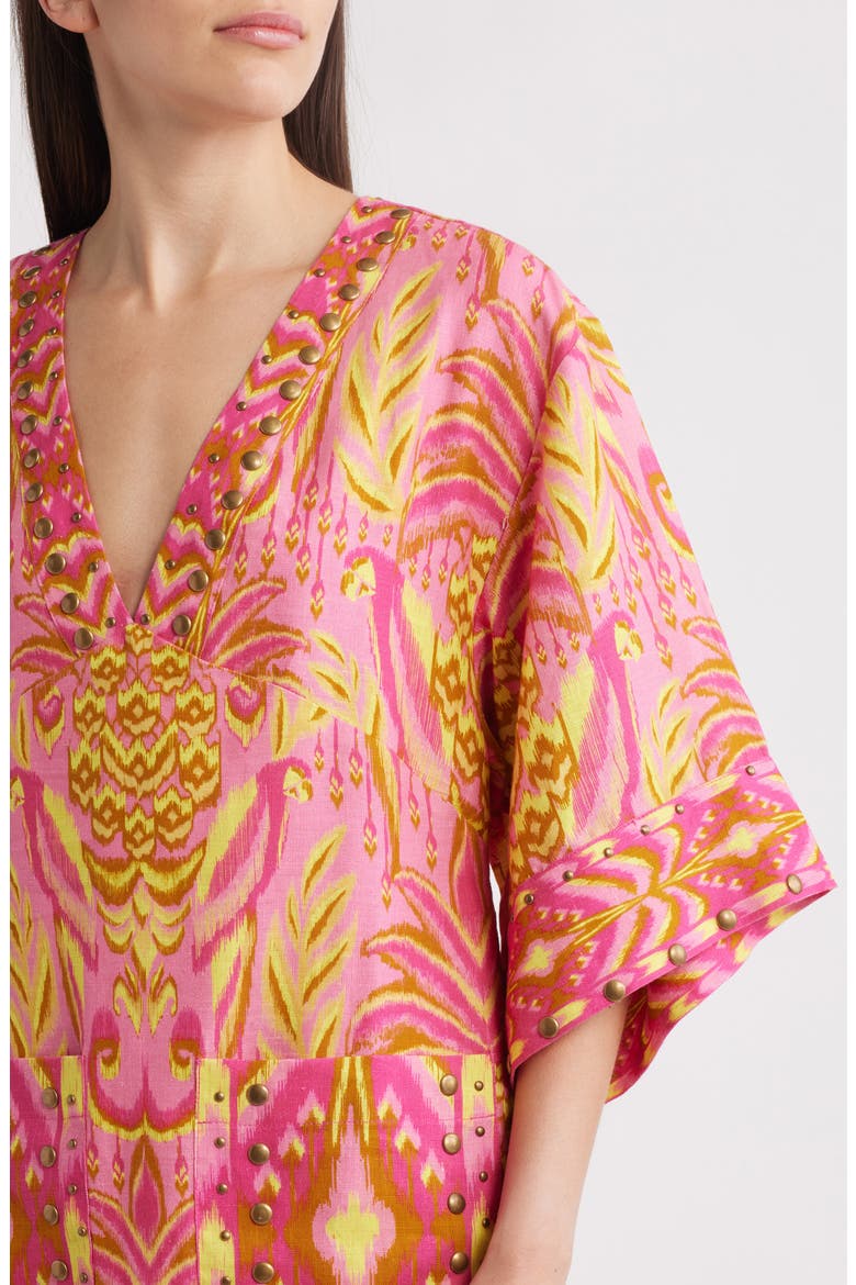 Pineapple Tapestry Studded Linen Shift Dress, Alternate, color, PINK