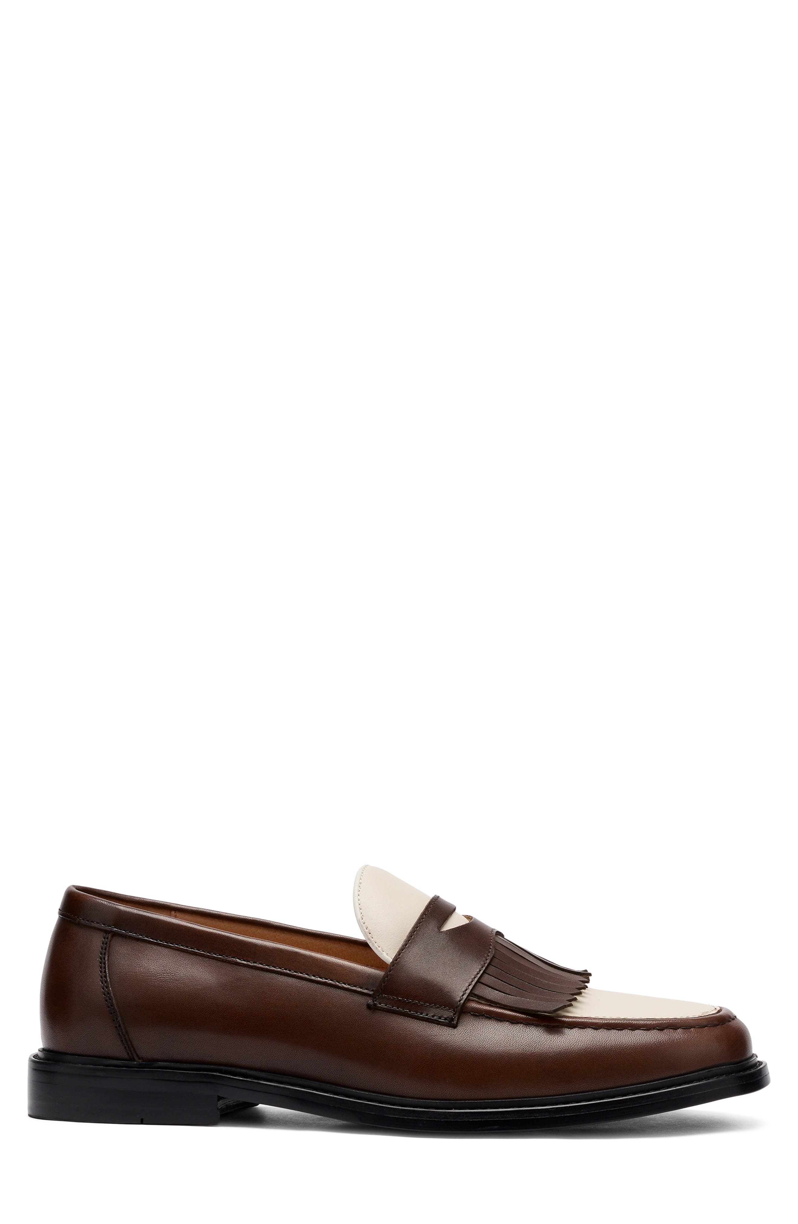 MARC NOLAN Clint Fringe Penny Loafer, Alternate, color, Brown/ White