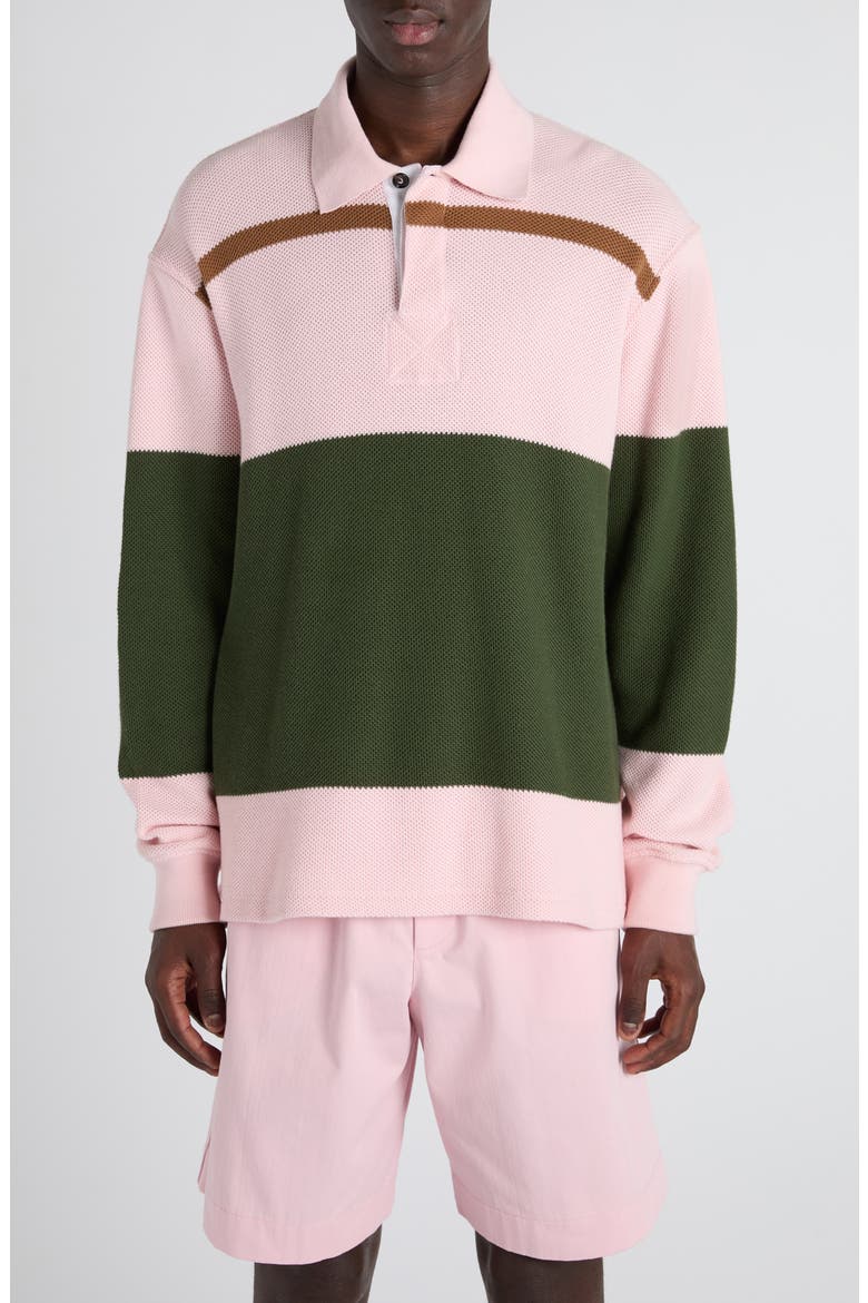 Jumbo Stripe Long Sleeve Cotton Piqué Polo, Main, color, 6334 CAMELIA/ CAMO/ JUTE