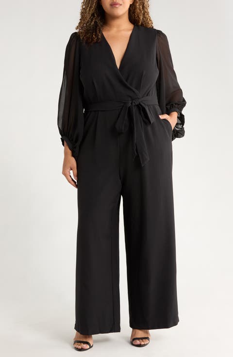 Wrap Front Sheer Long Sleeve Jumpsuit (Plus)