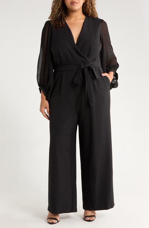 Julia Jordan Wrap Front Sheer Long Sleeve Jumpsuit In Black