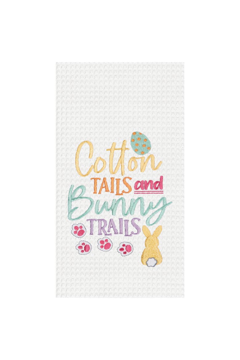 "Cotton Tails & Bunny Trails" Easter Rabbit Embroidered Cotton Waffle Weave Kitchen Dishtowel, Main, color, White